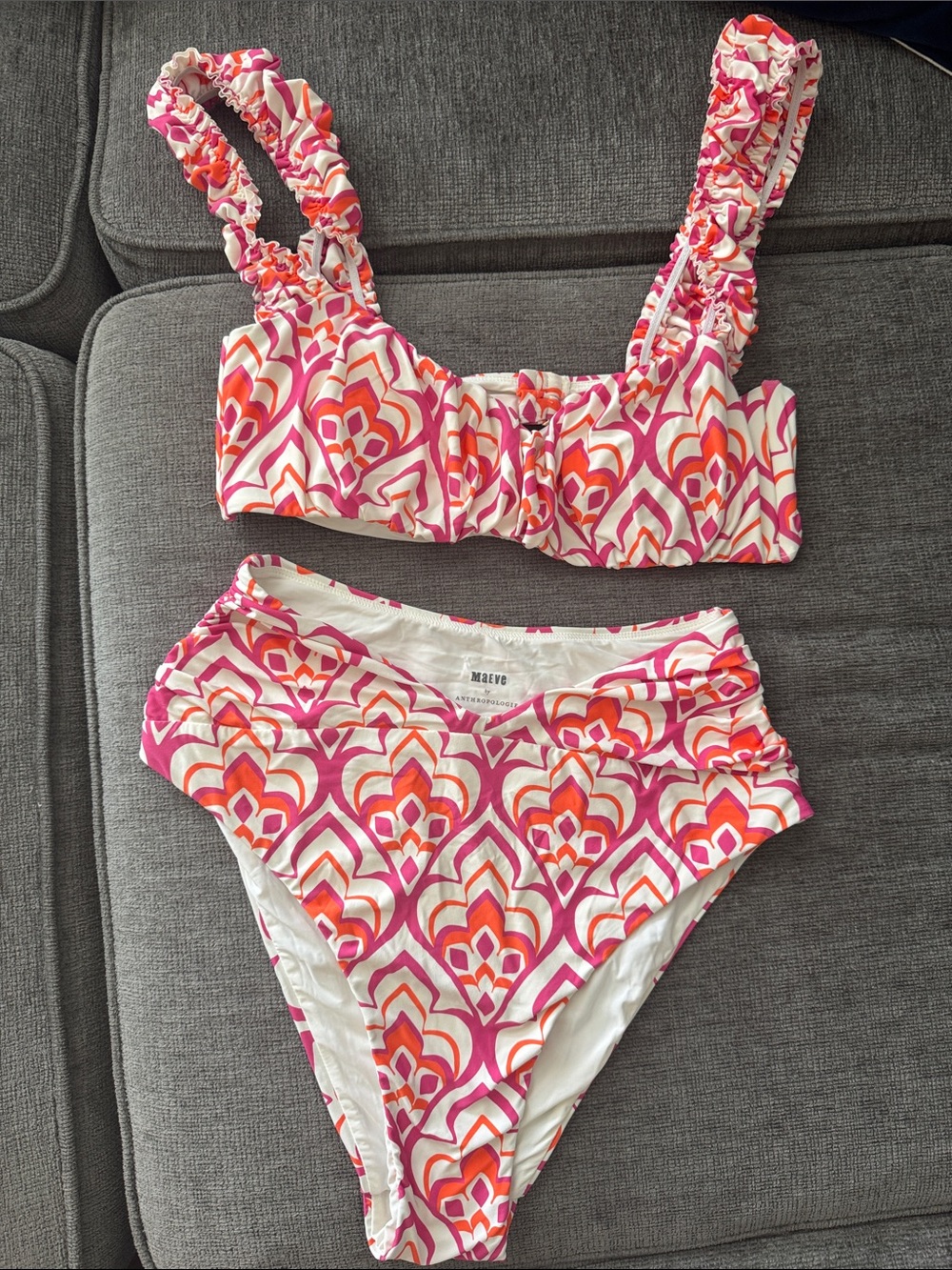 Maeve Pink & Orange Women’s High-Waist Ruffle Strap Bikini